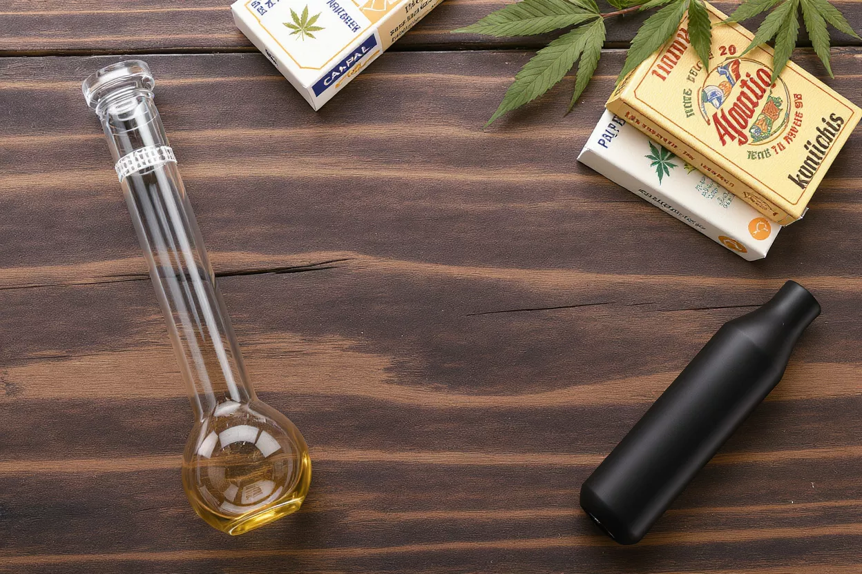 Glass pipe, vape pen, and cannabis boxes on a rustic wooden table.