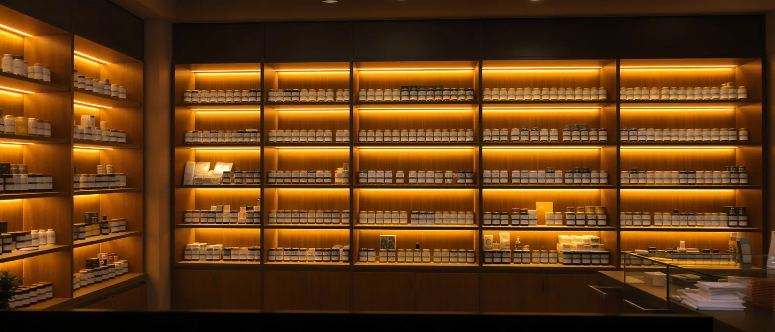 Warmly lit wooden shelves filled with numerous small jars and bottles in a store.