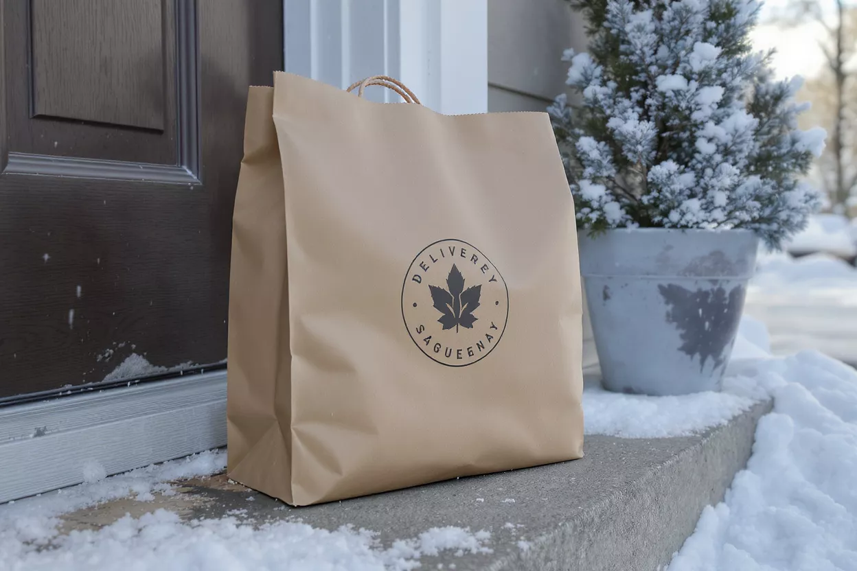 Brown paper bag with 'Delivery Saguenay' logo on snowy doorstep next to plant.