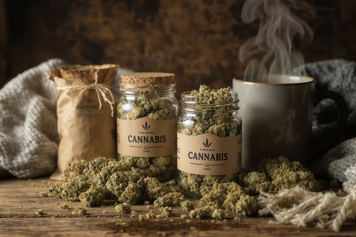 Two glass jars of cannabis, a paper bag, and a steaming coffee mug on a wooden table.