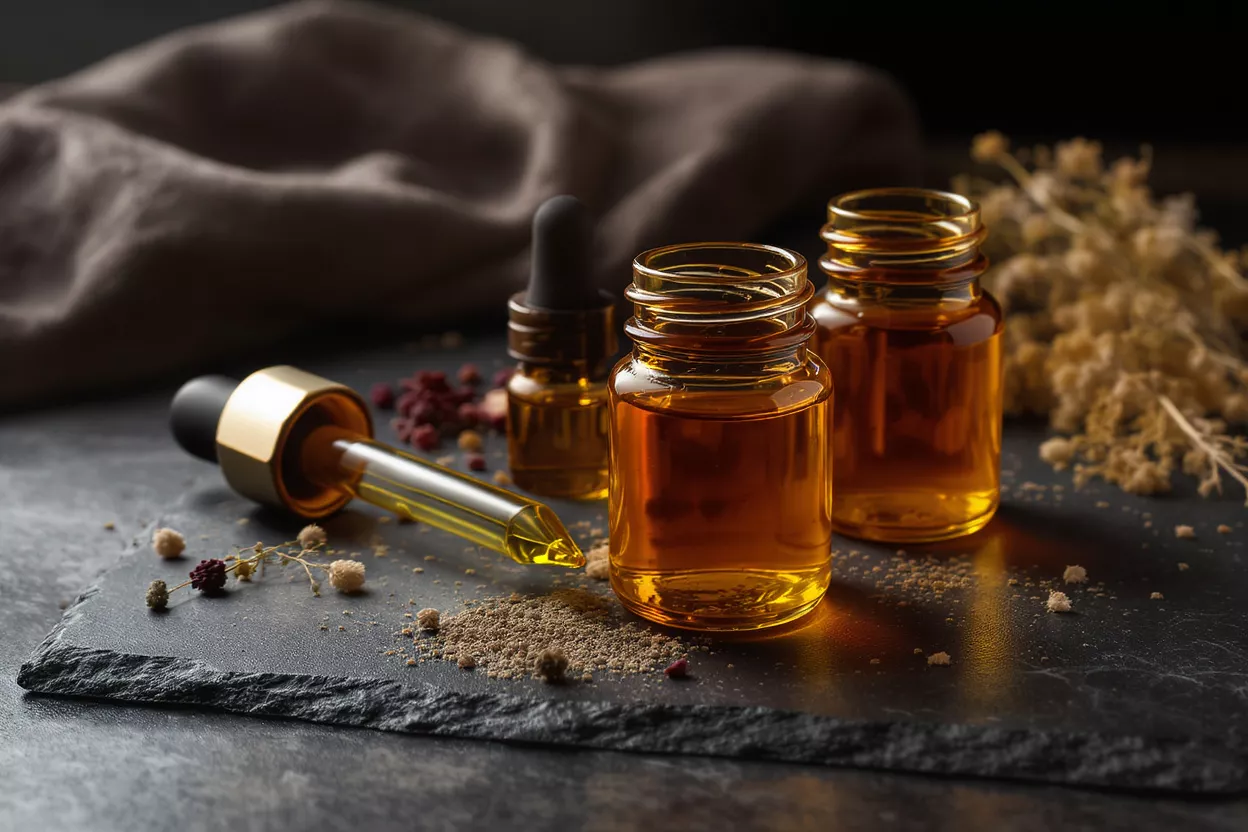 Three amber bottles of essential oil with a dropper on a dark slate surface.