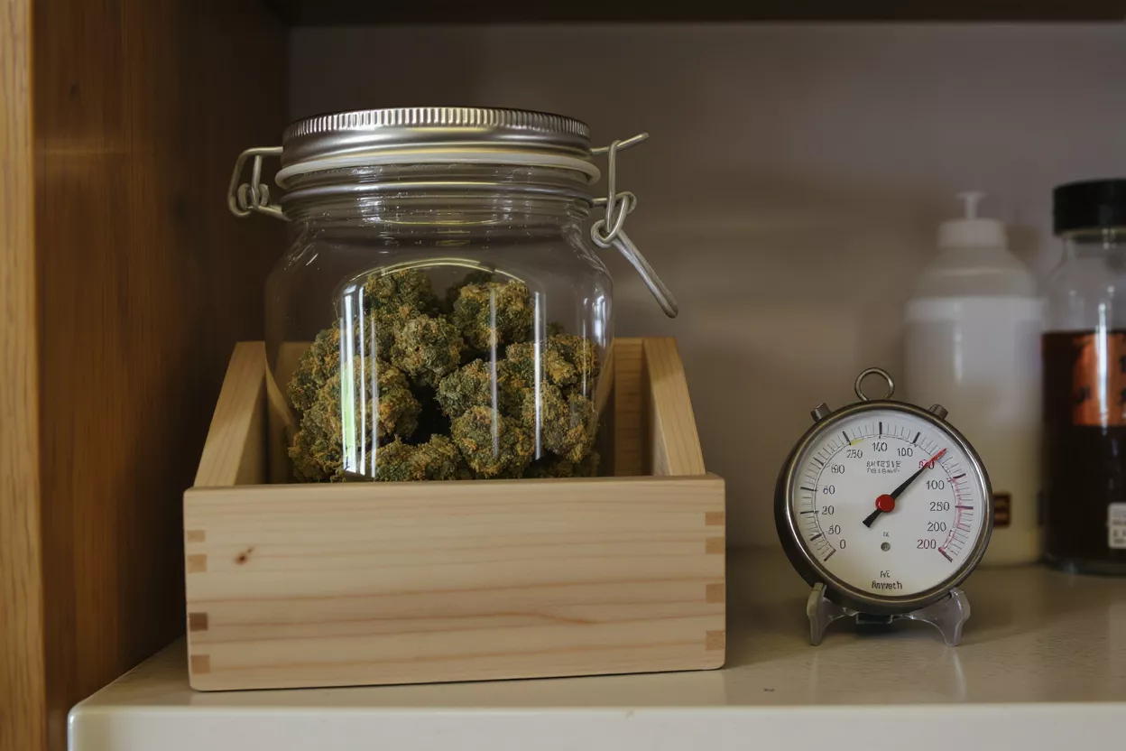 Glass jar filled with cannabis buds in a wooden box next to a kitchen timer.