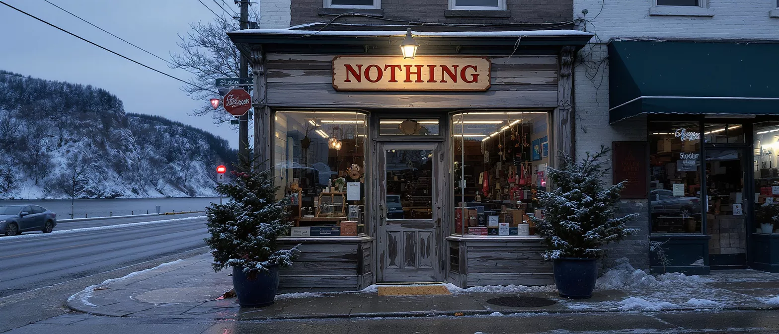 A rustic store named "NOTHING" on a snowy street with a river and mountains.