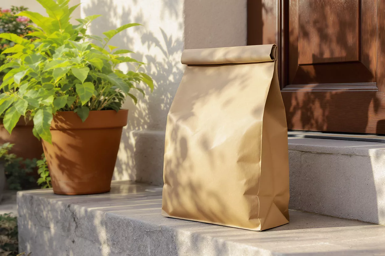 Brown Paper Bag Delivery Brown paper bag delivery on a porch next to potted plants.