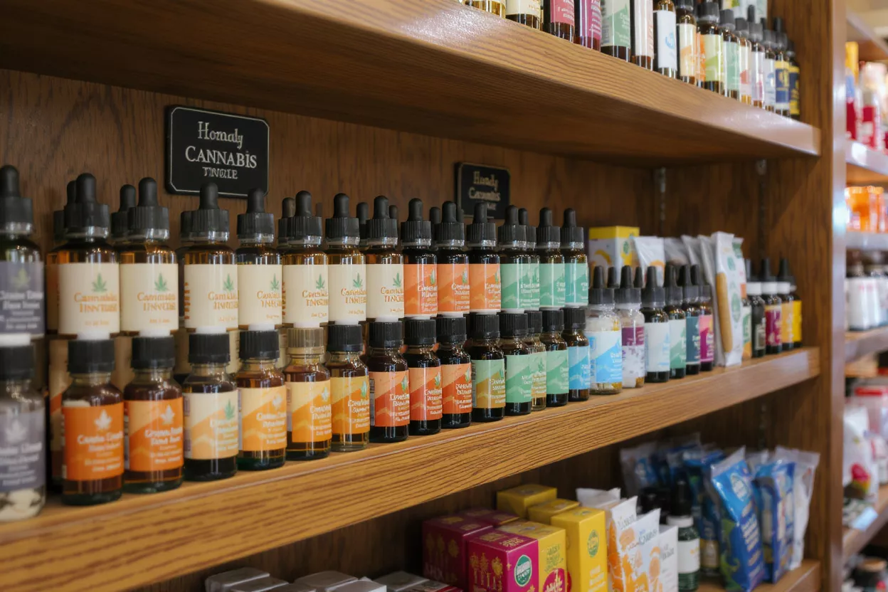 Cannabis Tinctures Display Rows of cannabis tinctures and other products on wooden shelves in a store.
