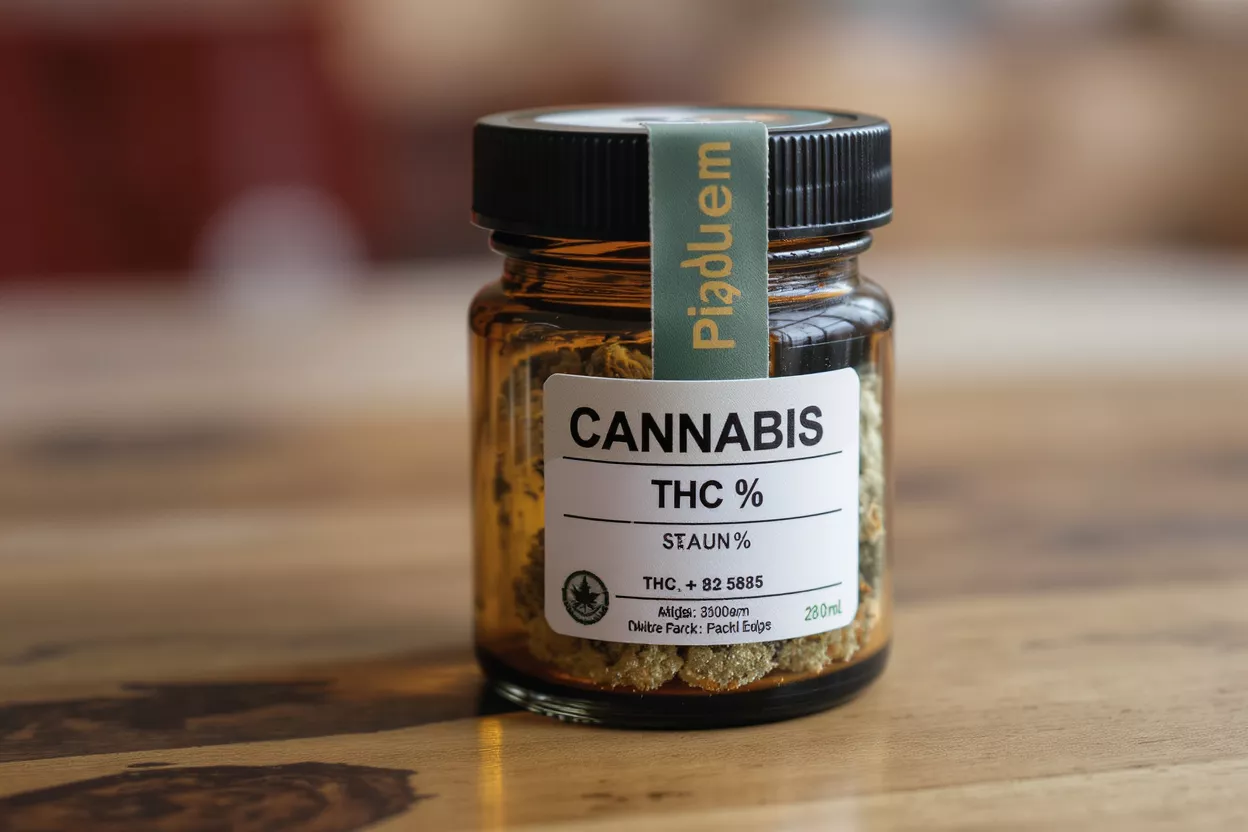 Cannabis THC Jar A small amber glass jar labeled "CANNABIS THC %" on a wooden surface.