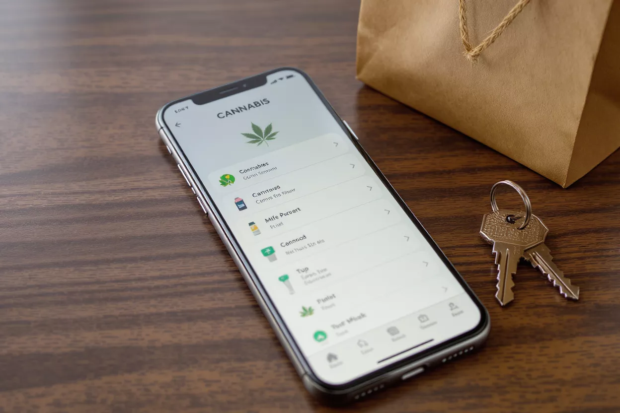 Smartphone displaying a cannabis delivery app next to keys and a paper bag.
