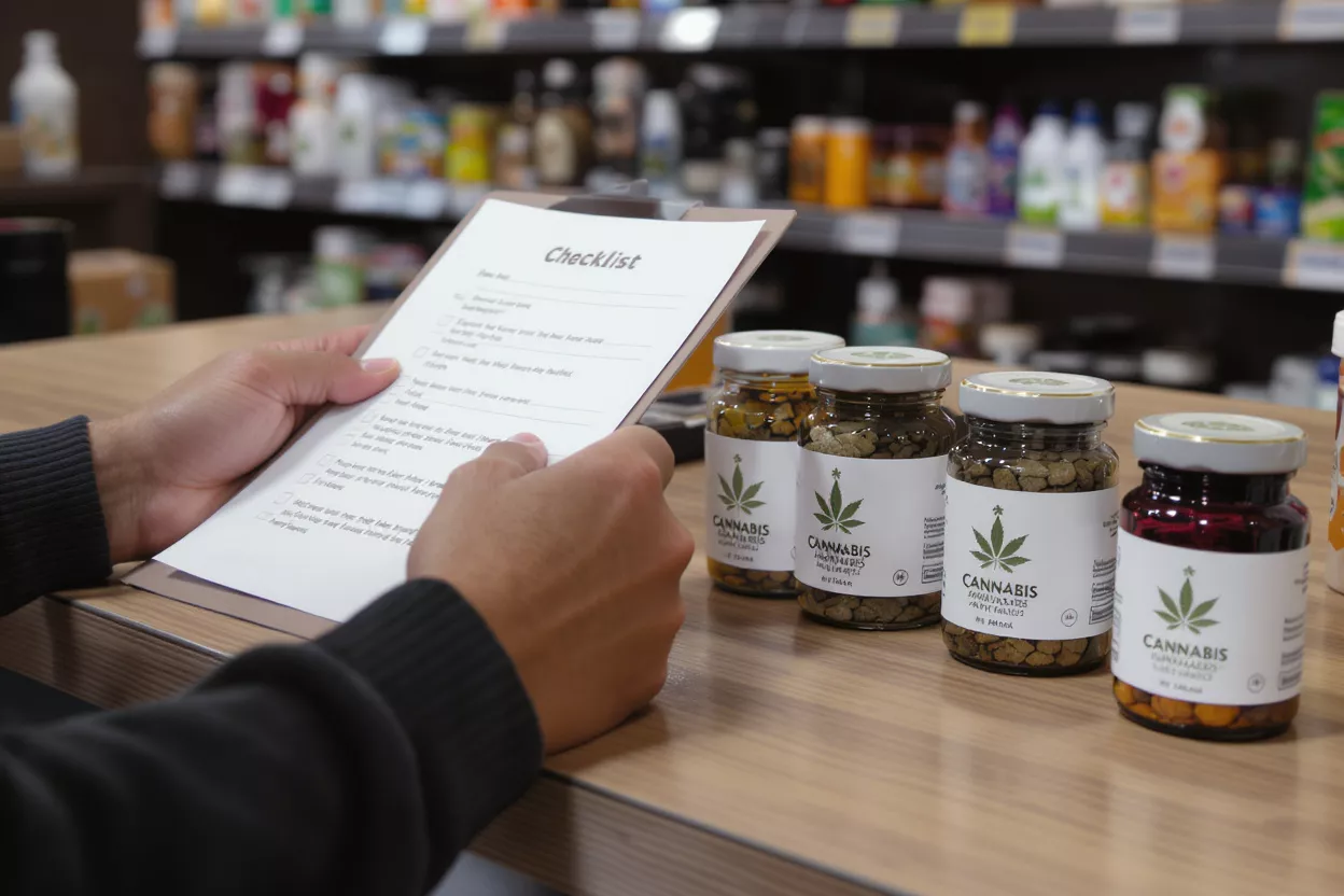 Person holding a checklist next to jars of cannabis products in a store.