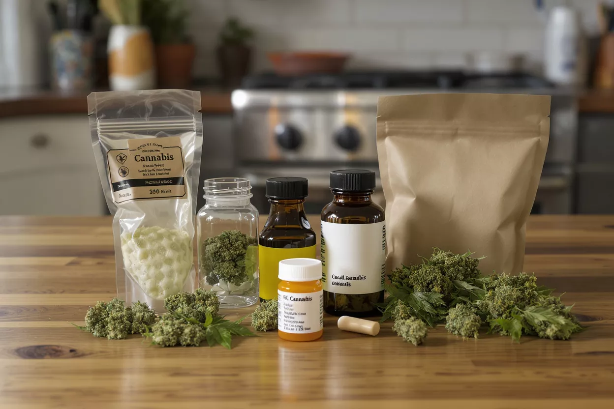 Various cannabis products including flower, oils, and edibles on a wooden kitchen counter.