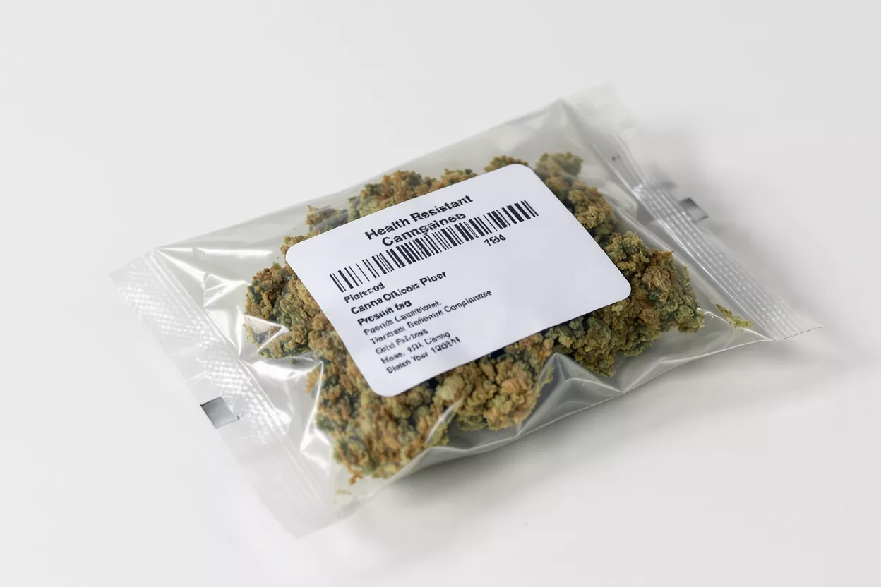 Close-up of cannabis buds in a clear plastic bag with a white label.