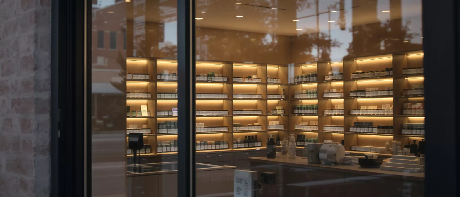 View through a storefront window of illuminated shelves stocked with products.