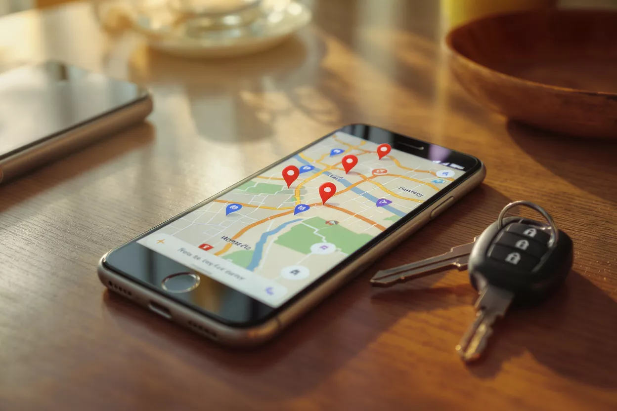 Smartphone Map Navigation Smartphone displaying a map with multiple red location pins next to car keys.