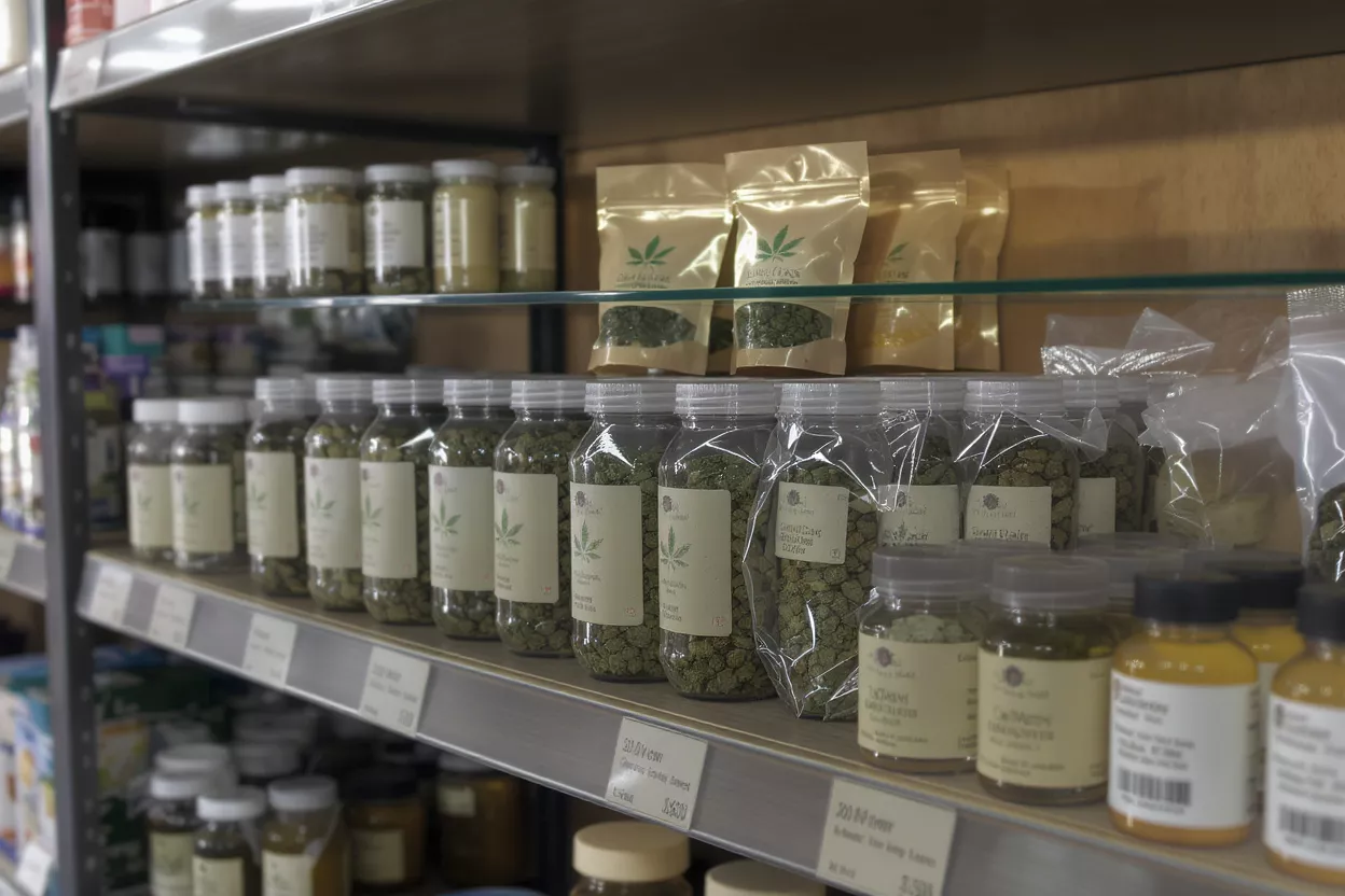 Cannabis Products on Shelf Various cannabis products in jars and pouches displayed on a store shelf.