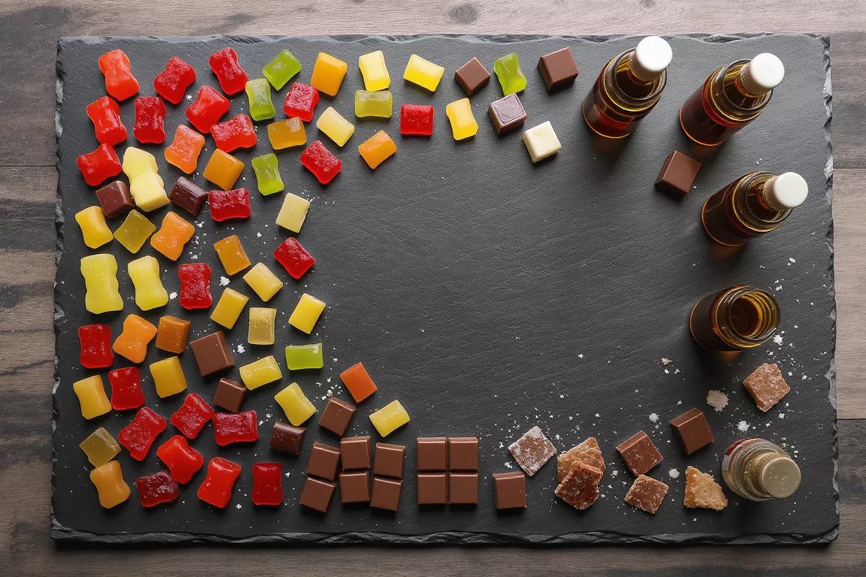 Gourmet Candies and Chocolates Colorful candies, chocolates, and small bottles arranged on a dark slate board.