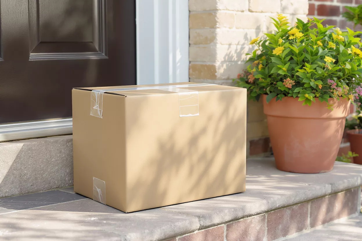 Package Delivery at Front Door A brown cardboard box sits on a stone step outside a dark front door.