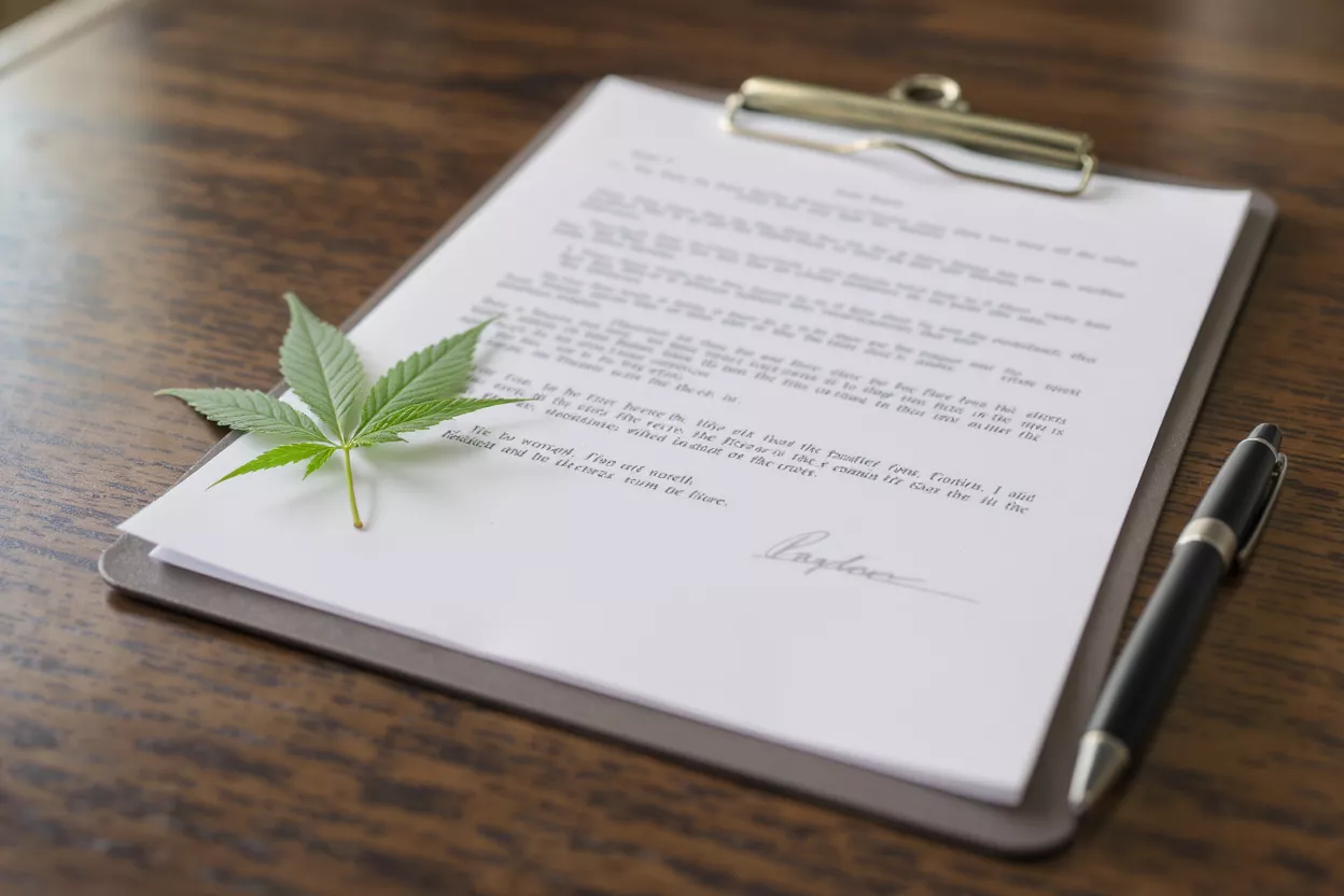 Cannabis Legal Document Cannabis leaf on a legal document with a pen and clipboard.