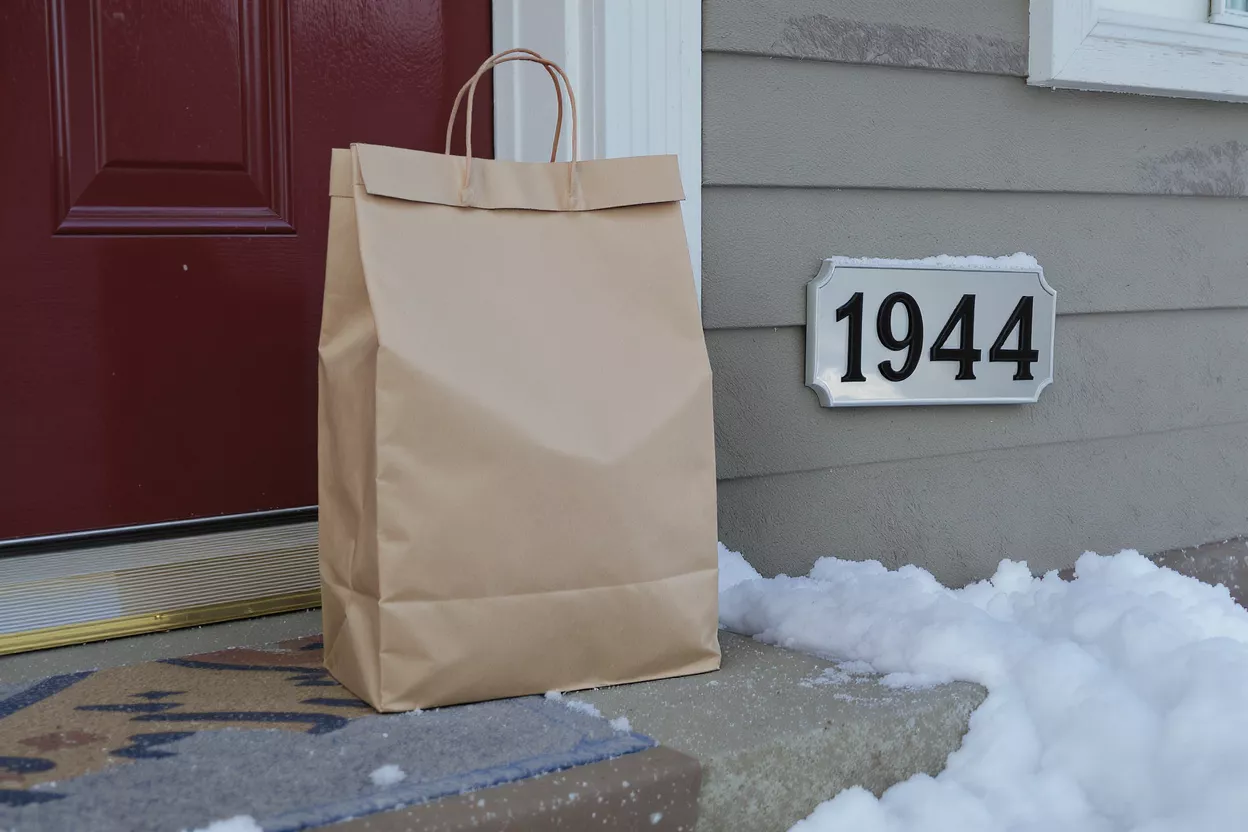 A brown paper delivery bag sits on a doormat next to a front door.