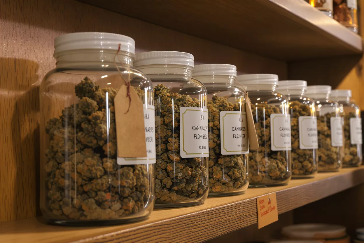 Row of glass jars filled with cannabis flower on a wooden shelf.