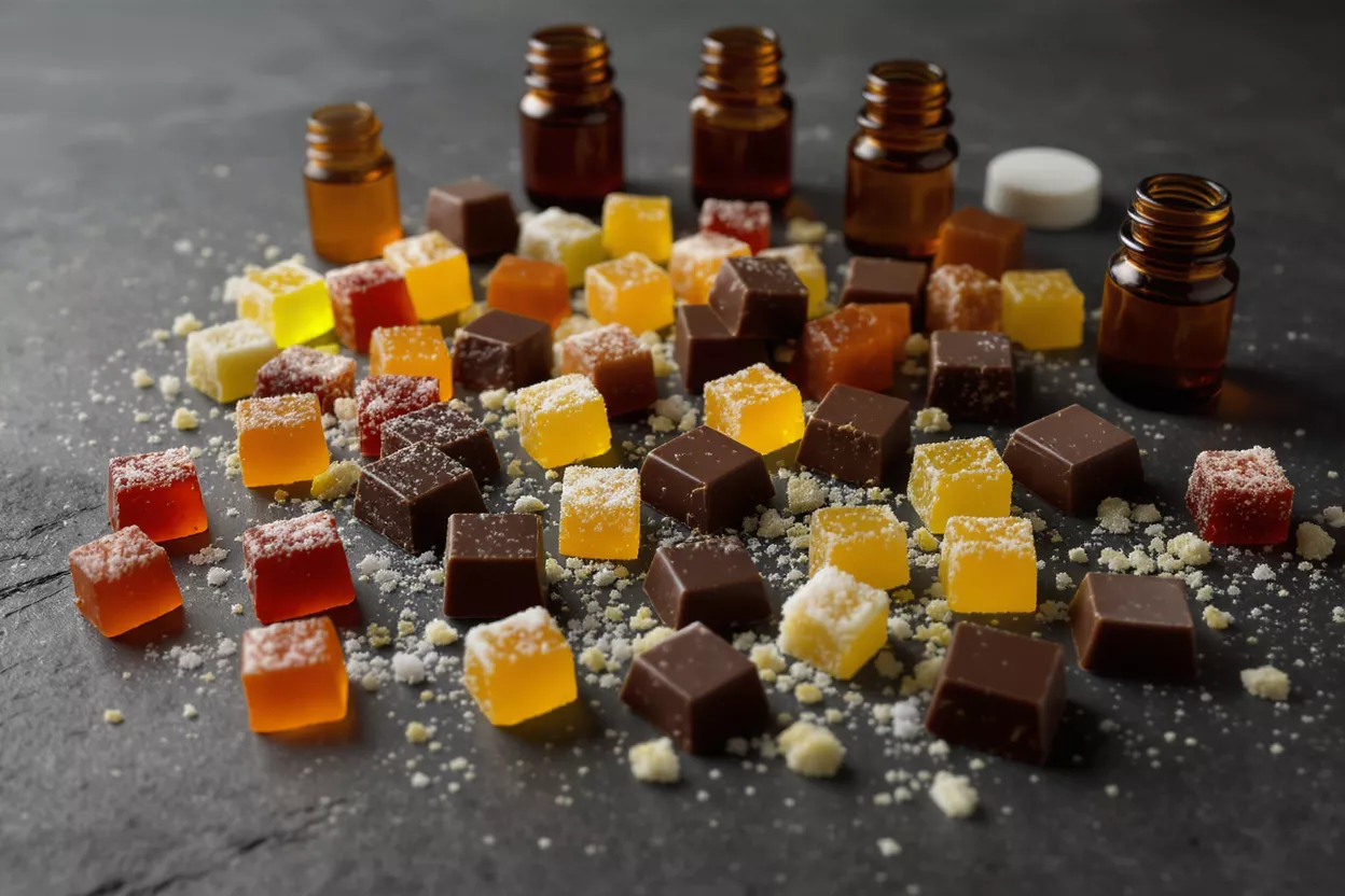 CBD gummies and chocolate squares with oil bottles on dark background.