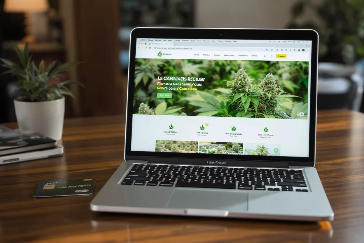 Laptop displaying cannabis website with credit card on a wooden table.