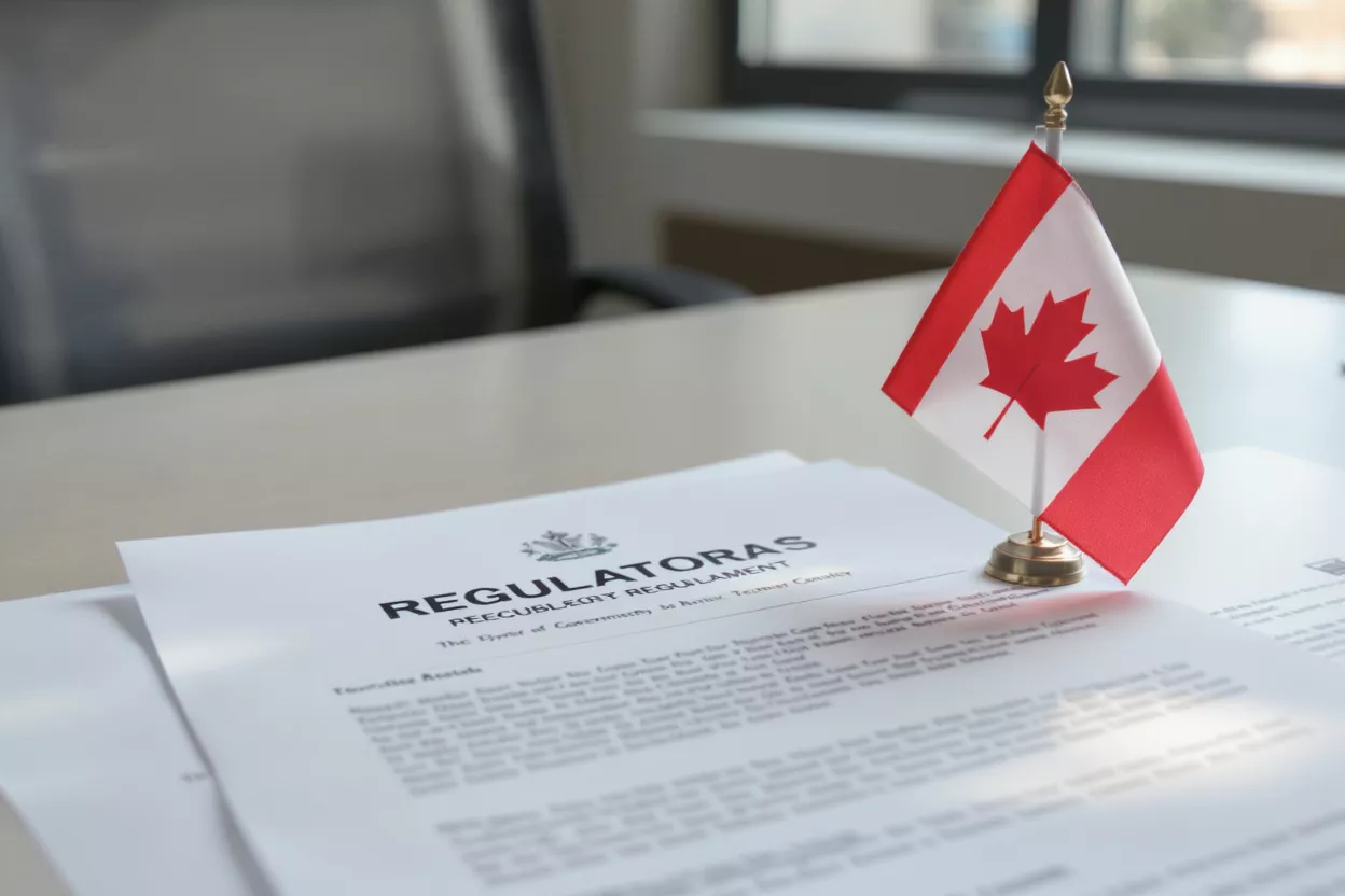 A Canadian flag on a desk next to documents titled "REGULATORAS."