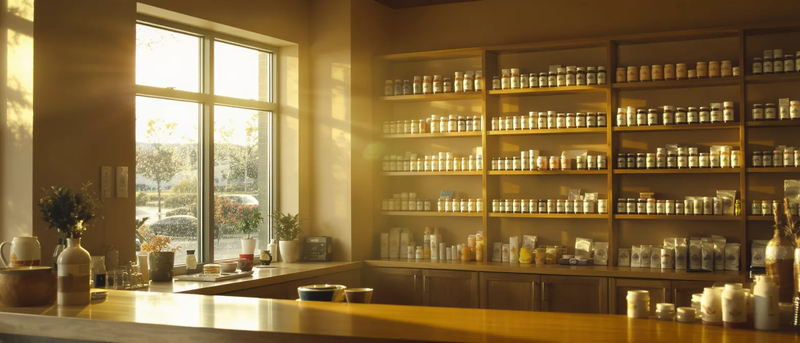 Interior of a herbal remedies shop with shelves of products and a sunny window.