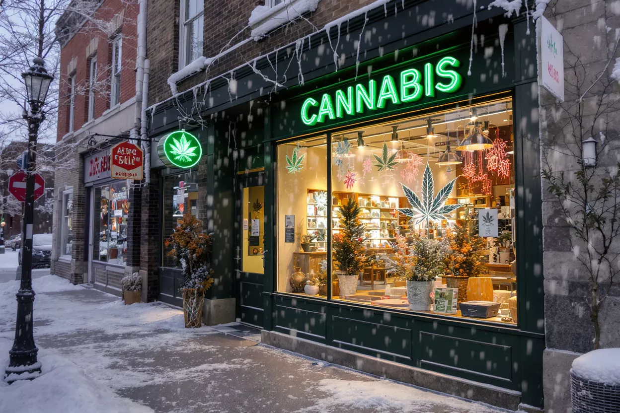 A cannabis store with a neon sign, decorated for winter with snow.