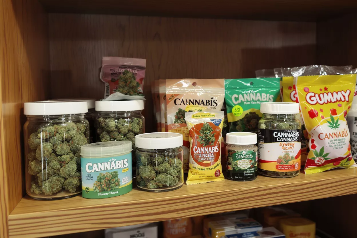 Various cannabis products, including flower and edibles, displayed on a wooden shelf.