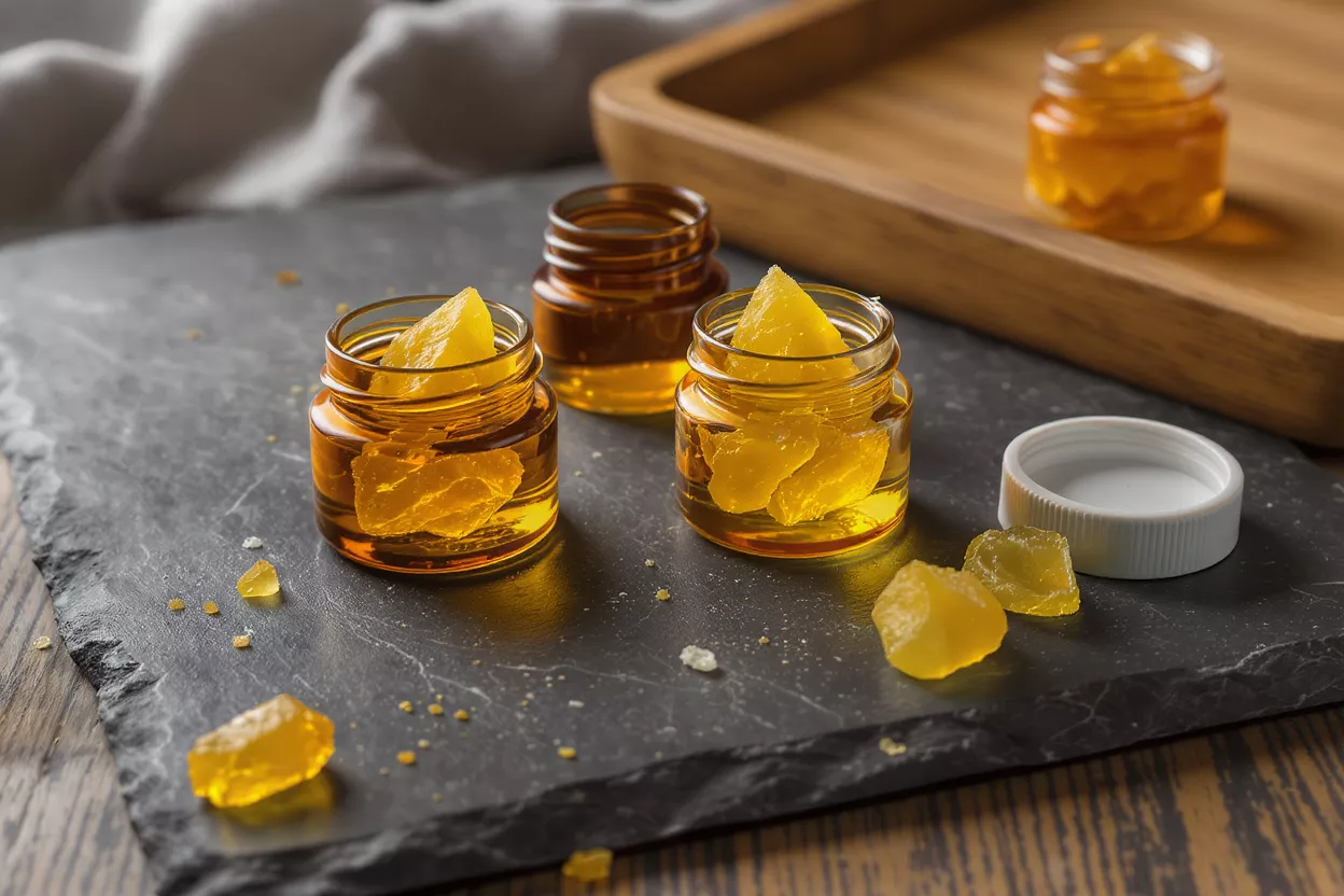 Three jars of golden cannabis concentrate shatter on a dark stone slab.