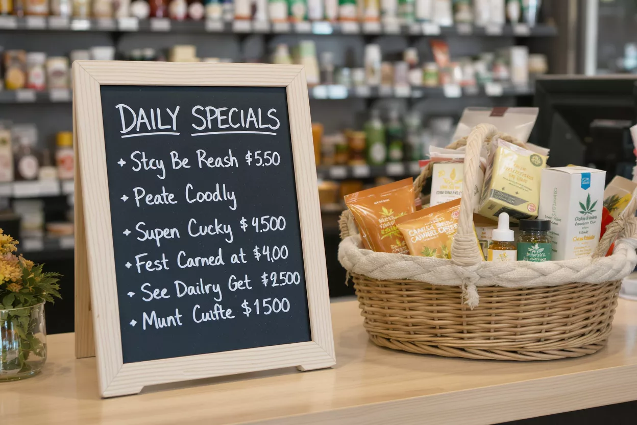 Chalkboard with daily specials next to a wicker basket of products.