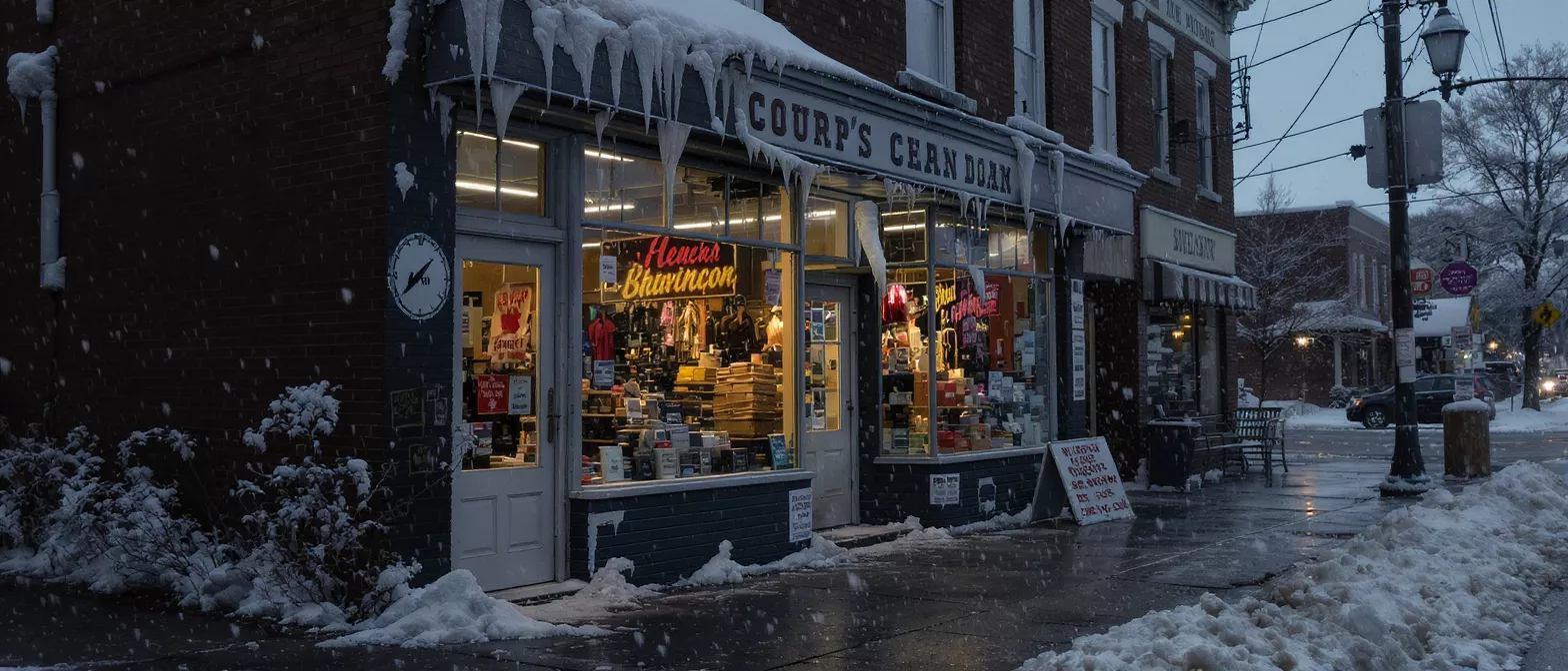 A warmly lit storefront on a snowy main street with icicles and snow on the ground.