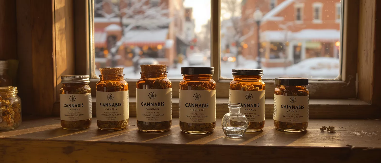 Several cannabis jars on a sunlit window sill with a snowy street outside.