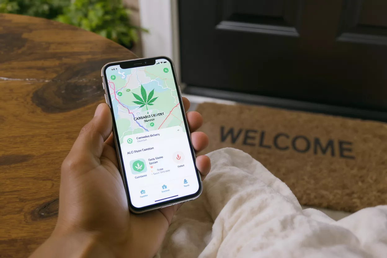 Cannabis Delivery App Hand holding phone displaying cannabis delivery app near a welcome mat.