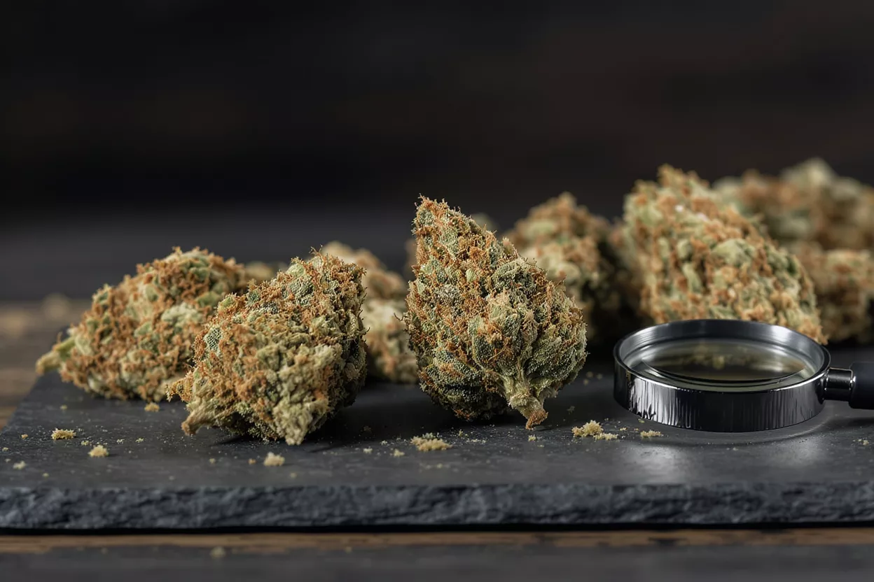 Cannabis Buds with Magnifying Glass Several cannabis buds and a magnifying glass on a dark slate surface.