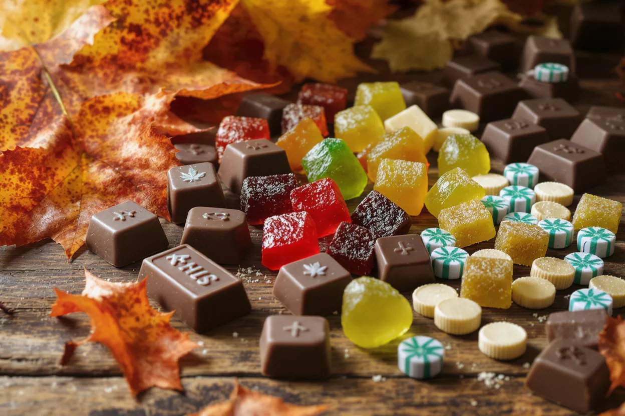 Cannabis Edibles with Autumn Leaves Chocolate edibles, colorful gummies, and mints on wood with autumn leaves.