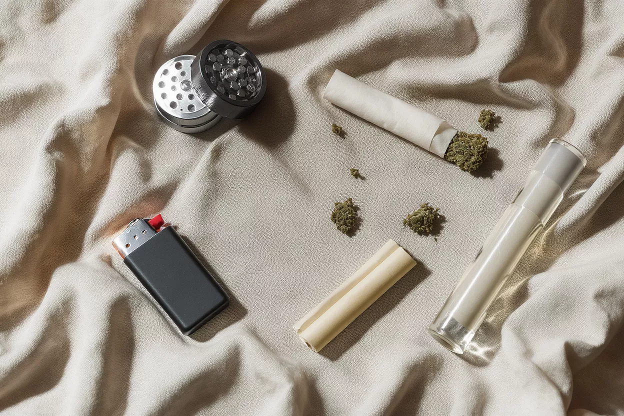 Cannabis Accessories Flat Lay Cannabis grinder, pre-roll, loose flower, lighter, and glass tube on a light fabric.