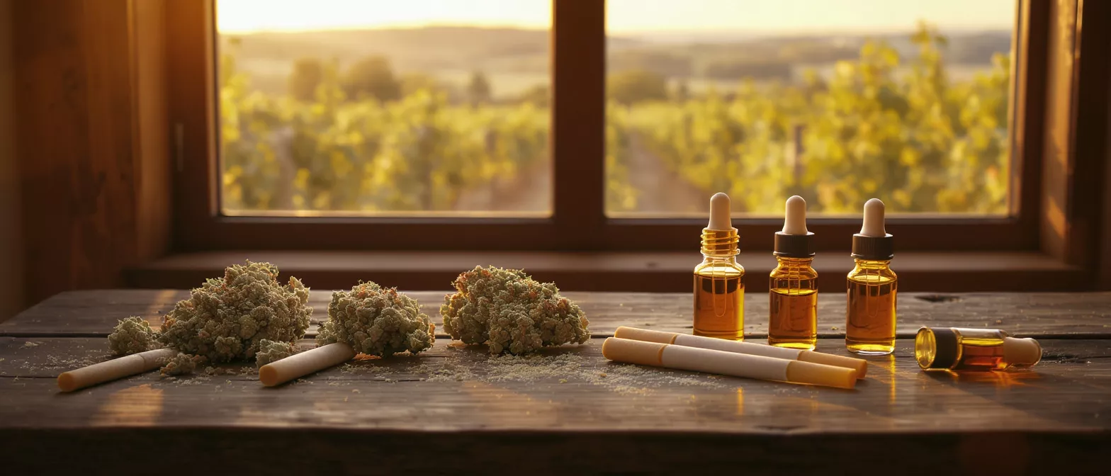Cannabis buds, pre-rolls, and CBD oil bottles on a table with a vineyard view.