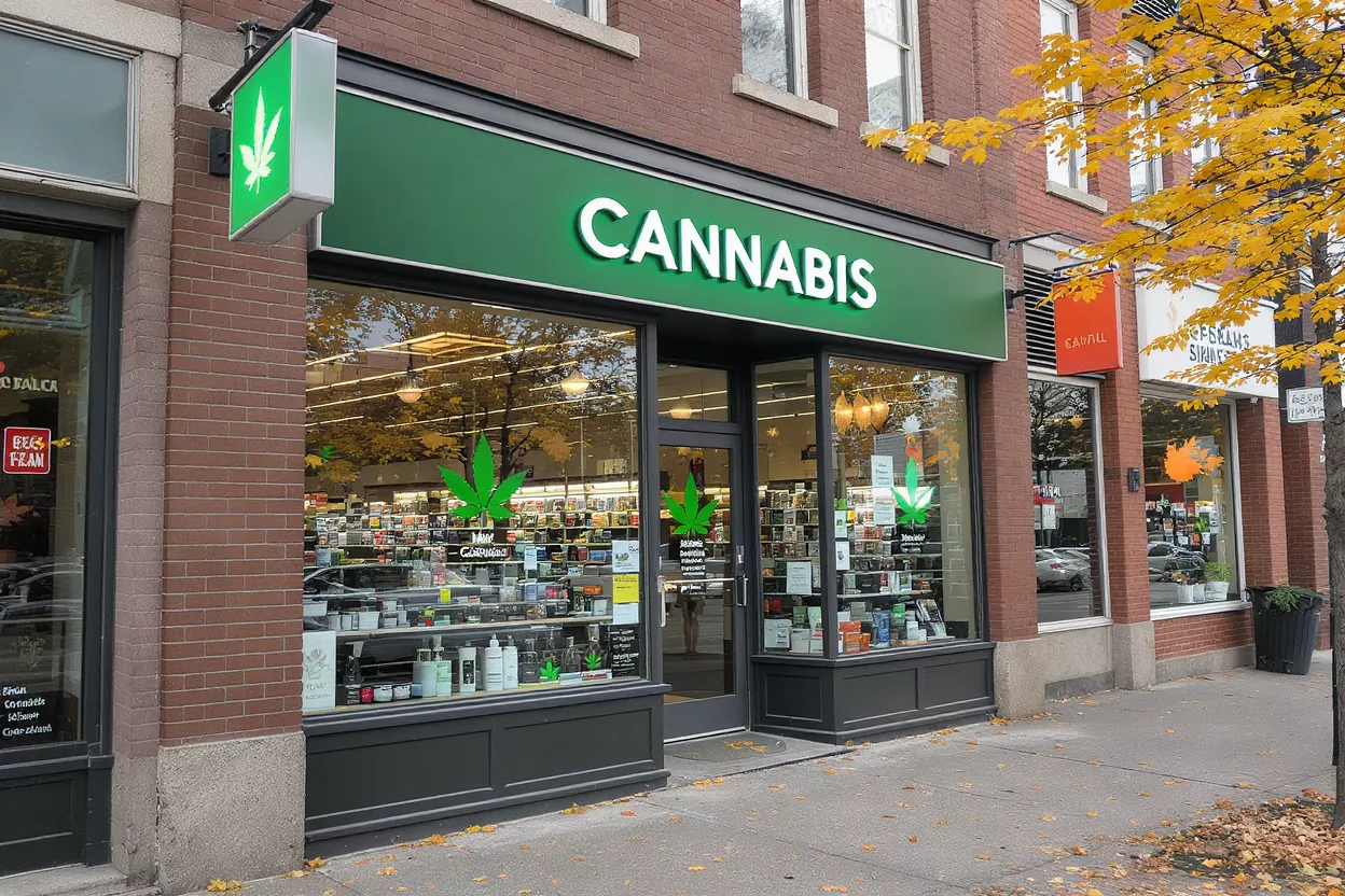 Exterior of a cannabis dispensary with a green sign and leaf logos.