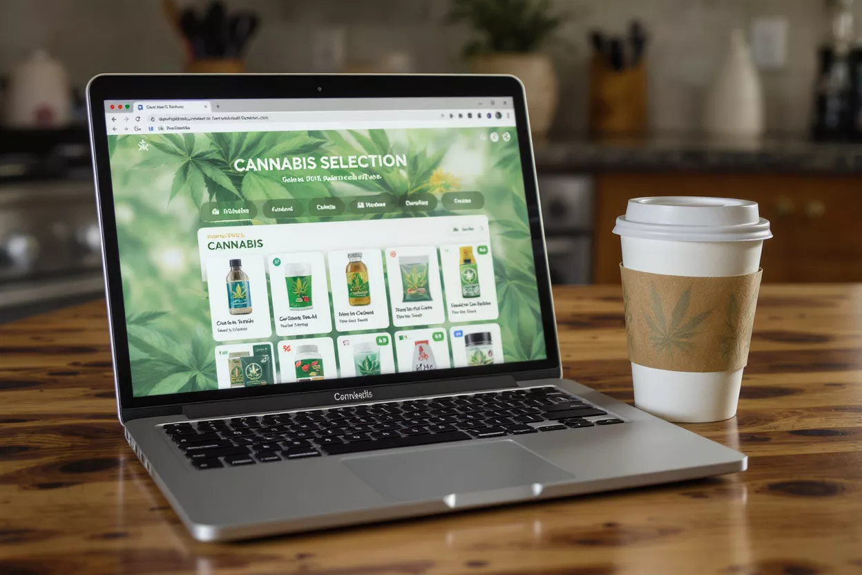 Laptop displaying cannabis selection website next to a coffee cup with a cannabis leaf.