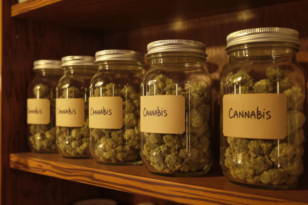 Several glass jars labeled 'Cannabis' filled with green buds on a wooden shelf.