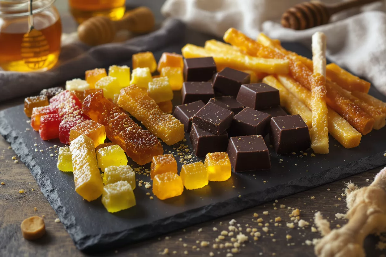 Assortment of honey-infused fruit jellies and dark chocolate squares on a slate board.