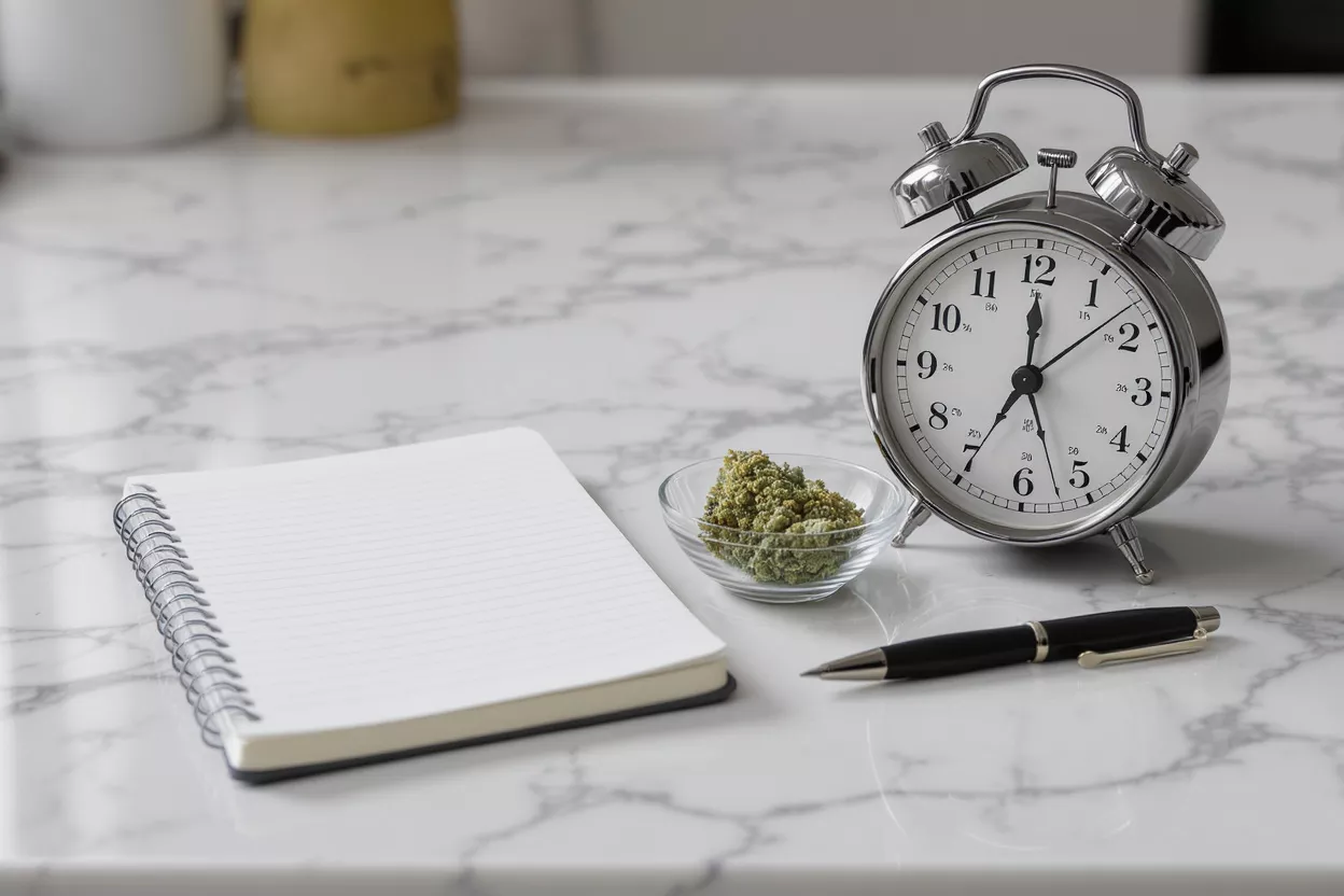 Cannabis bud in bowl, alarm clock, notebook, and pen on marble surface.