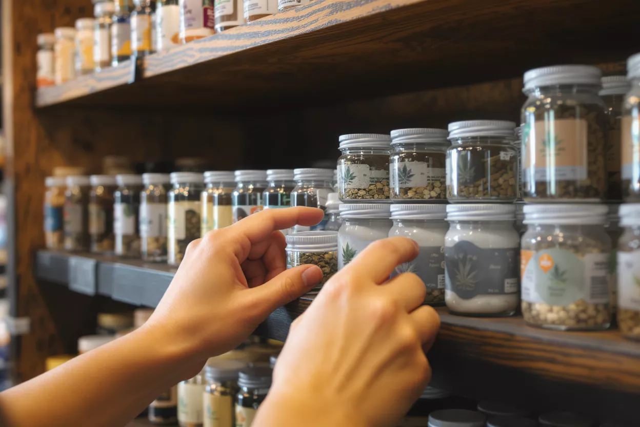 Browsing Cannabis Products Hands selecting a small jar of cannabis product from a wooden shelf.
