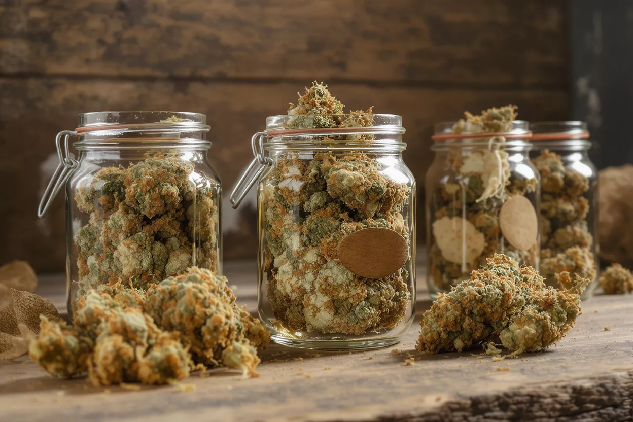Cannabis Buds in Glass Jars Close-up of cannabis buds in three glass jars and loose on a wooden surface.