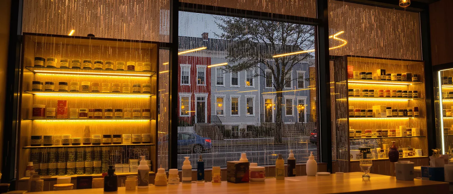 Interior view of a store with illuminated shelves and a rainy street outside.
