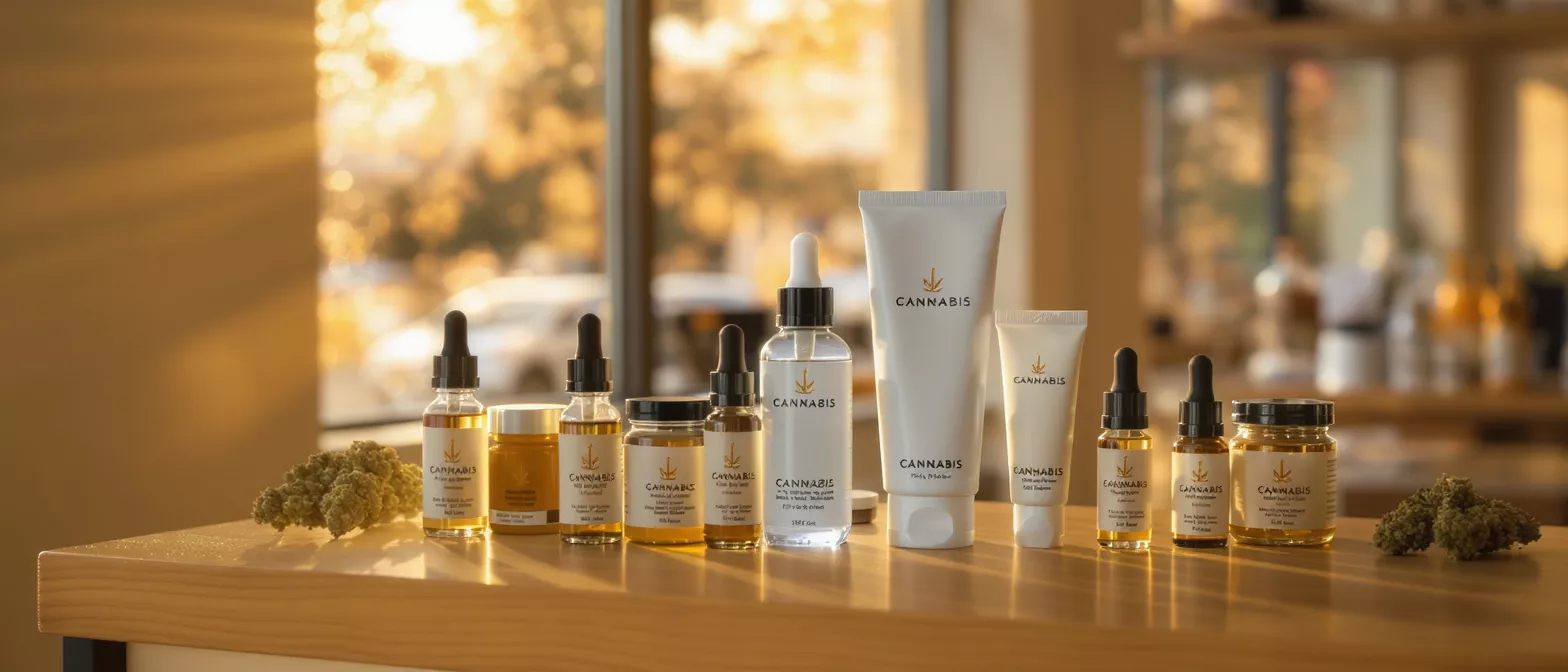 Various cannabis CBD products including oils, creams, and tinctures on a wooden counter.