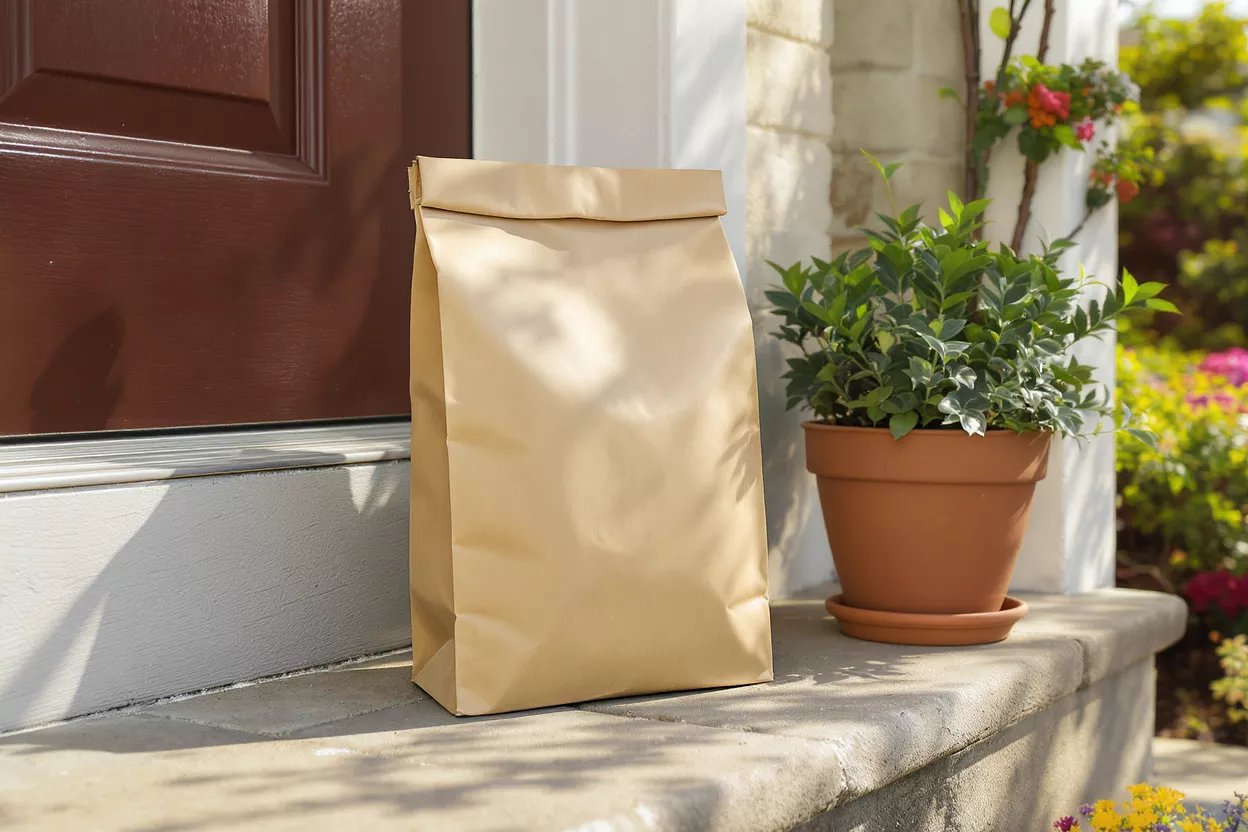 Delivery Package at Front Door Brown paper bag delivery on a doorstep next to a potted plant.
