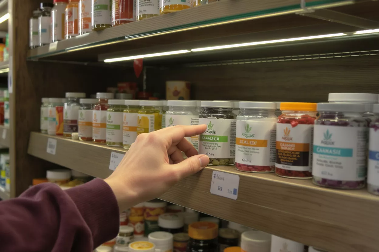 Choosing Supplements at the Store A hand reaching for a jar of supplements on a store shelf.
