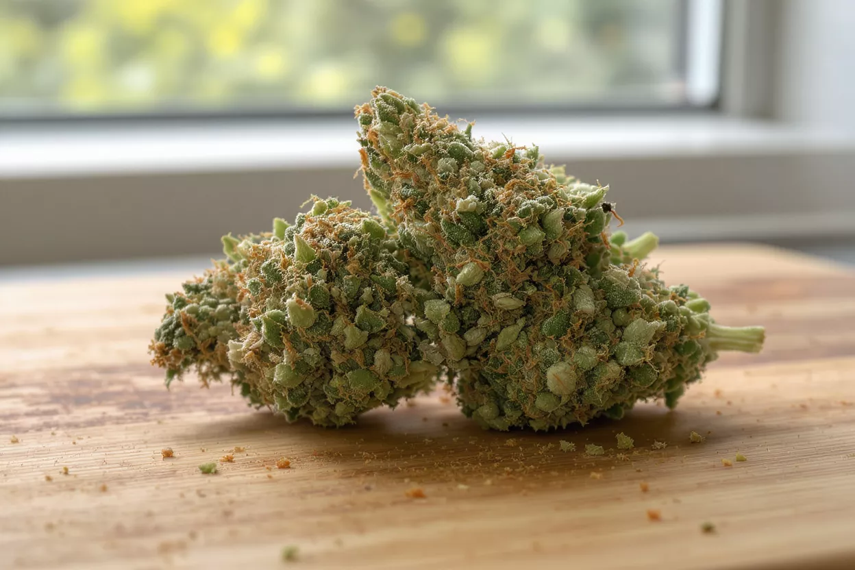 Two Cannabis Buds Two green cannabis buds with orange hairs on a wooden surface.