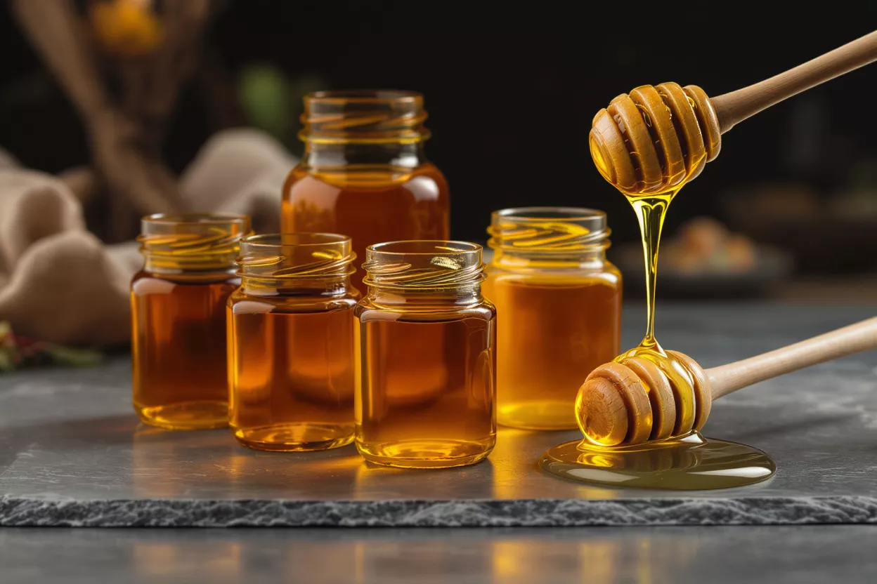Golden Honey Jars and Dippers Several glass jars of golden honey with two wooden honey dippers, one dripping.